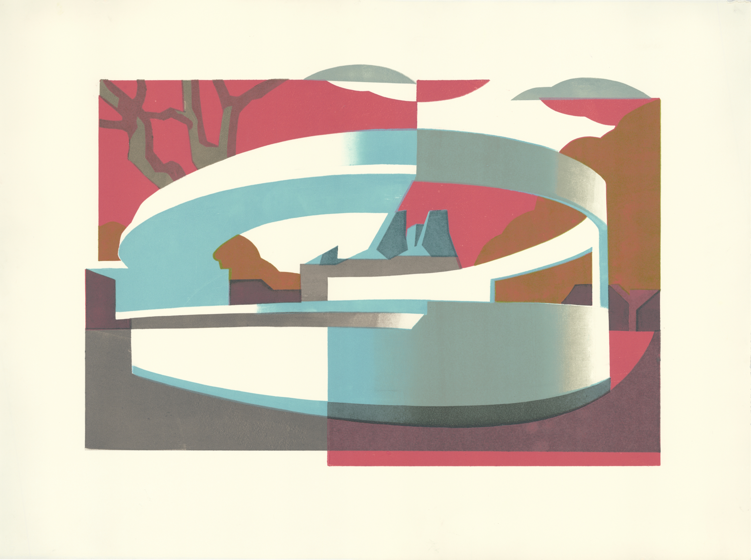 Paul Catherall linocut print in bold pink and aqua green of architect Berthed Lubetkin's Penguin Pool at London Zoo