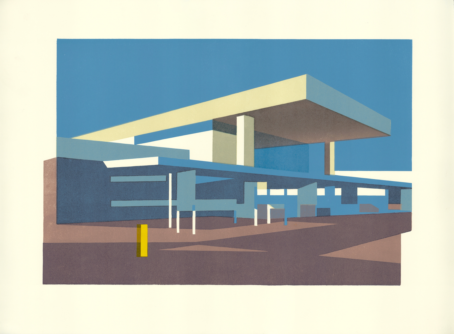 Linocut of the modernist Coventry Station